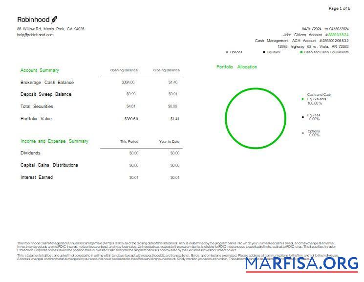 Realistic USA Robinhood bank statatement word 6 pages sample